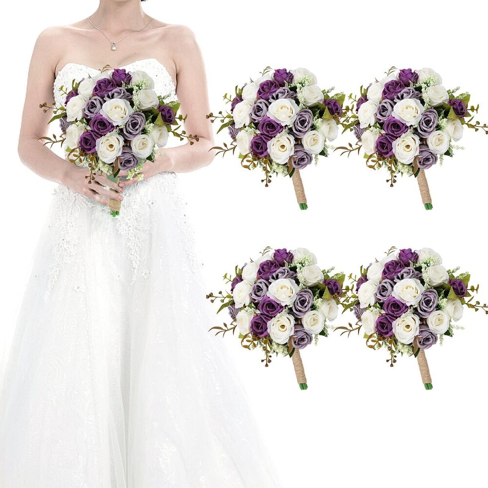 9211 Set of 4 Bridesmaid Bouquets for Wedding - 7 Inch Artificial Ivory